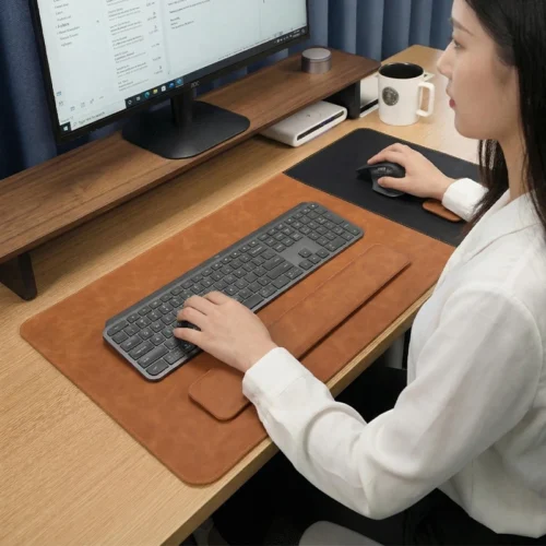 Professional workspace scene with an executive leather desk pad and wrist rest set being used for typing and mouse control at the desk