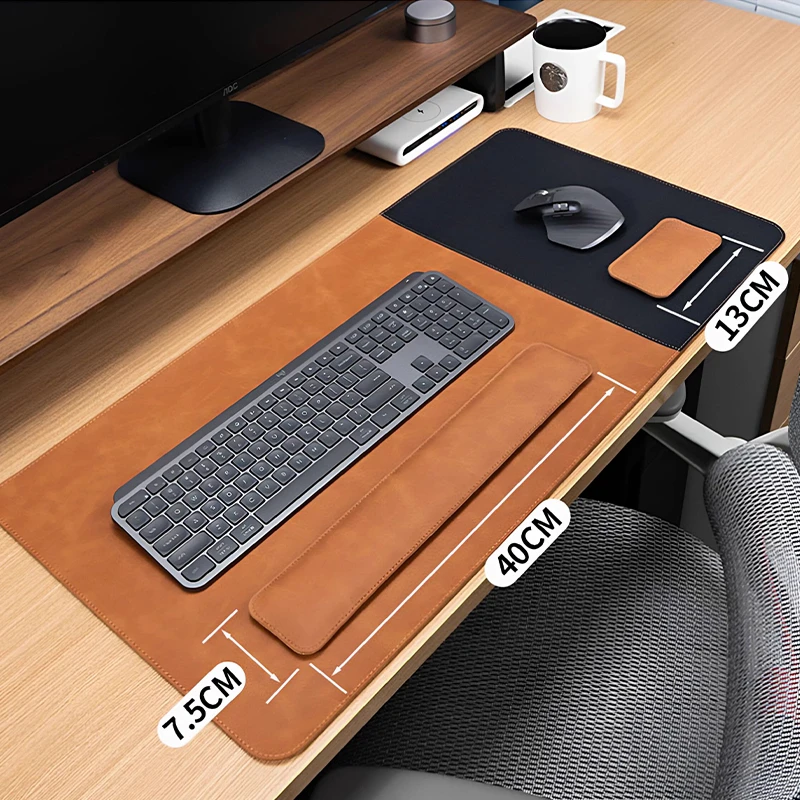 Size guide image for executive leather desk pad and wrist rest set showing wrist rest and mouse support dimensions in the desk layout