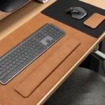 Executive Leather Desk Pad and Wrist Rest Set in caramel brown, styled for a warm and polished office desk look