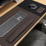 Dark coffee leather desk pad and wrist rest set designed for a deeper, more grounded executive desktop appearance