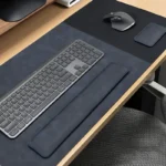 Navy blue executive desk pad and wrist rest set bringing a cleaner modern office feel to the keyboard and mouse workspace
