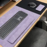 Lavender desk pad and wrist rest set bringing a softer color mood to a clean office desk without losing structure or coordination