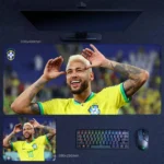 Neymar Brazil Soccer Desk Mat showing Neymar in Brazil colors with a celebratory match moment across extended and standard mat sizes
