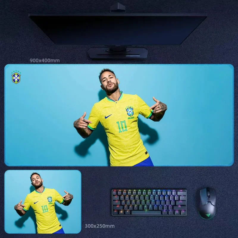 Brazil-themed Neymar desk mat with a clean blue background portrait design for fans who prefer a sharper and more modern football look