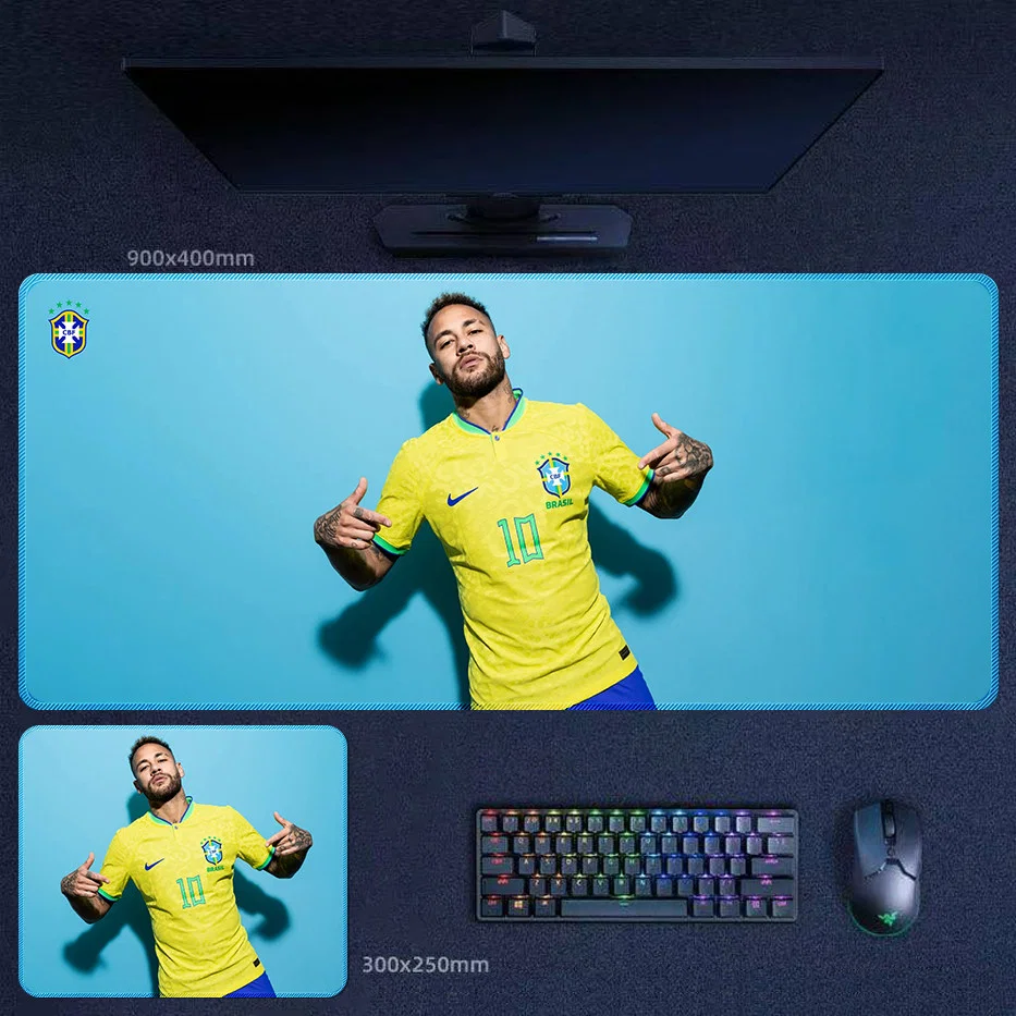 Brazil-themed Neymar desk mat with a clean blue background portrait design for fans who prefer a sharper and more modern football look