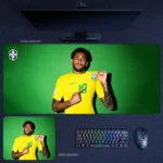 Brazil Neymar desk mat with a green backdrop and badge-pointing pose that emphasizes national team pride and supporter identity