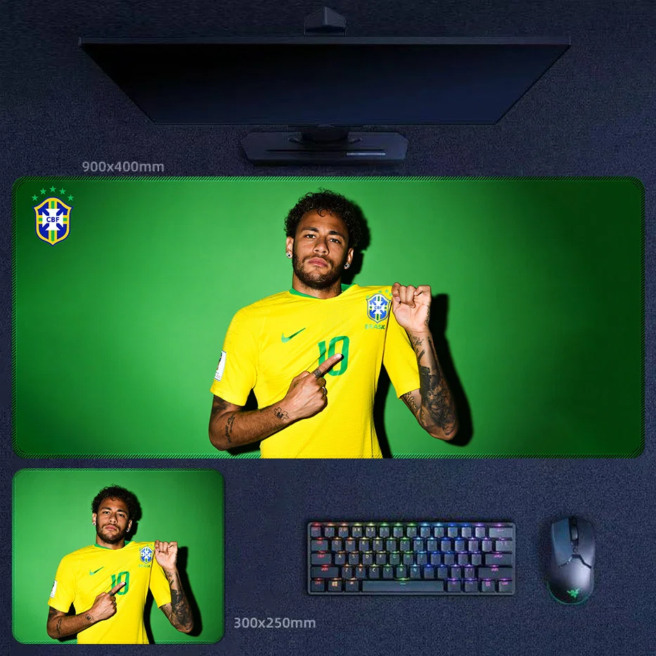 Brazil Neymar desk mat with a green backdrop and badge-pointing pose that emphasizes national team pride and supporter identity