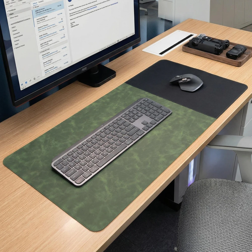 Executive leather desk mat with green leather section and black fabric mouse area placed on a modern office desk with keyboard and mouse