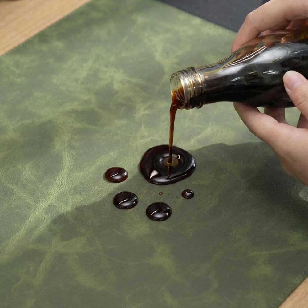 Dark liquid on the green leather section of the executive desk mat demonstrating an easier-clean surface for maintaining a tidy office desk