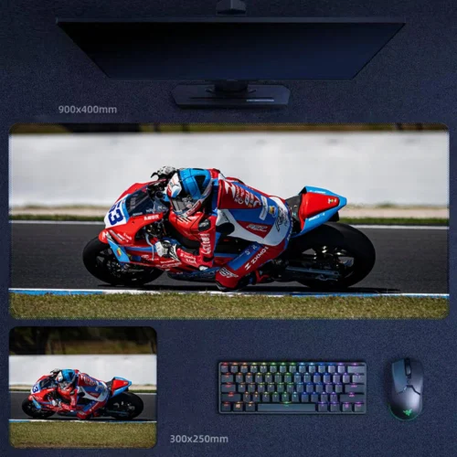 ZXMOTO 820RR-RS Side Action Desk Mat Side-action desk mat artwork of Valentin Debise on the ZXMOTO 820RR-RS during the 2026 Portugal WorldSSP weekend, capturing balanced race posture and composed machine control