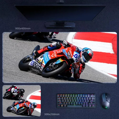 Portugal WSBK Lean Angle Desk Mat Valentin Debise on the ZXMOTO 820RR-RS pushing through a red-and-white curb section in Portugal, creating a high-commitment WorldSSP racing desk mat image