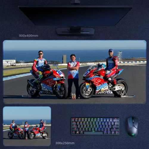Debise and Zhang Xue Racing Tribute Desk Mat Valentin Debise and ZXMOTO founder Zhang Xue with racing machines after the Portugal WorldSSP double-win breakthrough, showing rider execution and founder-driven ambition together