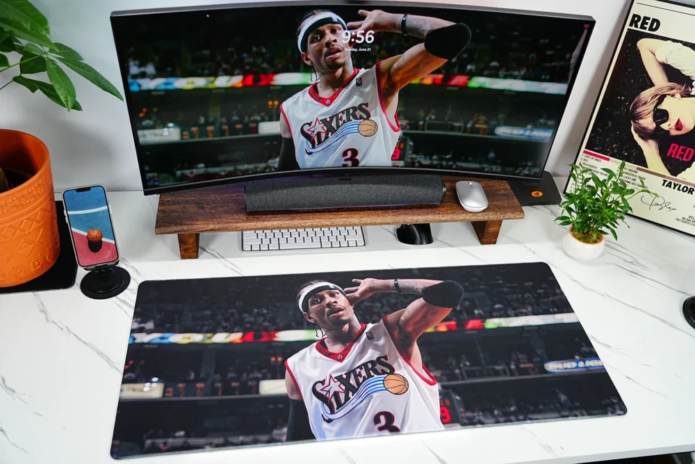 Allen Iverson basketball desk mat shown in a full gaming desk setup with matching screen artwork and wide desktop coverage