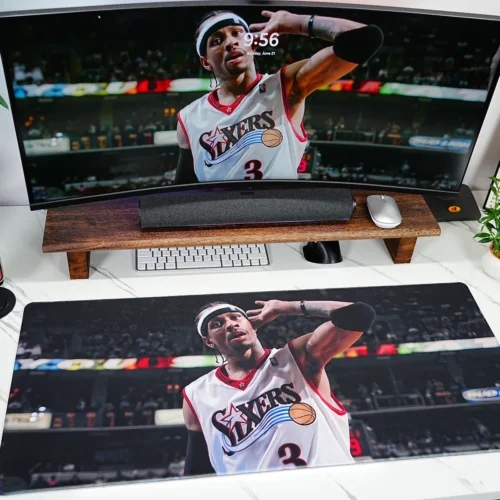 Allen Iverson basketball desk mat shown in a full gaming desk setup with matching screen artwork and wide desktop coverage