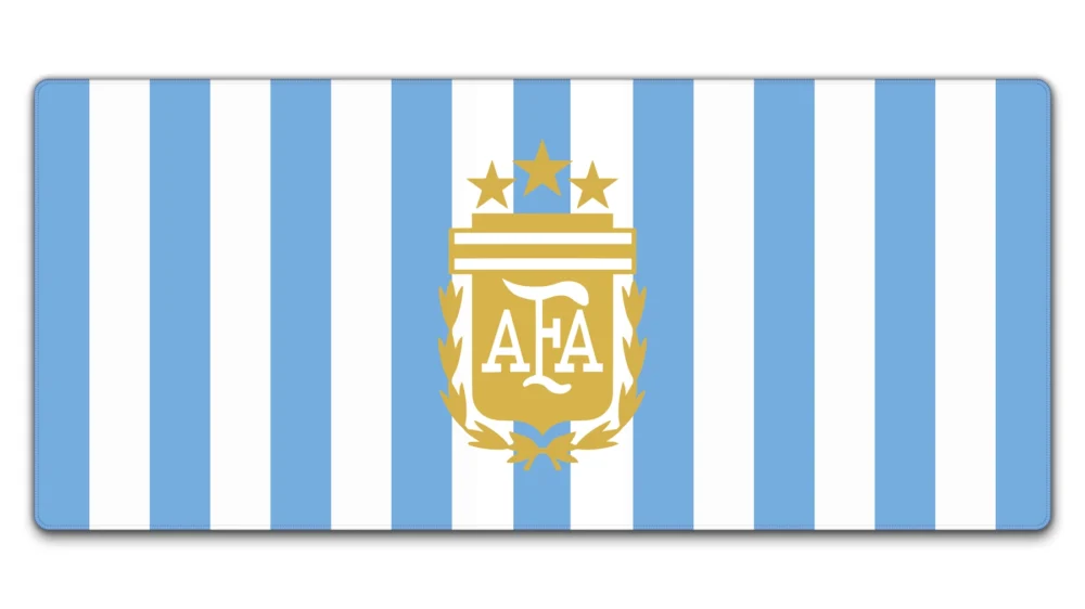 Argentina Football Desk Mat 900x400 Argentina Football Desk Mat in 900 x 400 mm with blue-white stripes, gold crest artwork, stitched edges, and keyboard mouse space