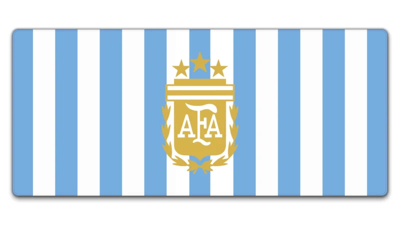 Argentina Football Desk Mat 900x400 Argentina Football Desk Mat in 900 x 400 mm with blue-white stripes, gold crest artwork, stitched edges, and keyboard mouse space