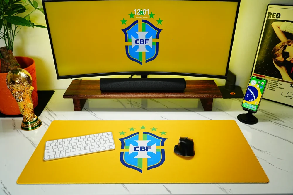 Brazil soccer desk mat with keyboard and mouse placed on a wide yellow surface for daily work and gaming control