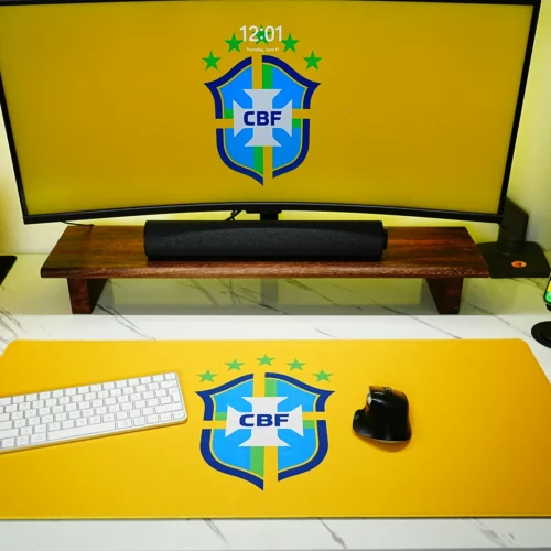 Brazil soccer desk mat with keyboard and mouse placed on a wide yellow surface for daily work and gaming control