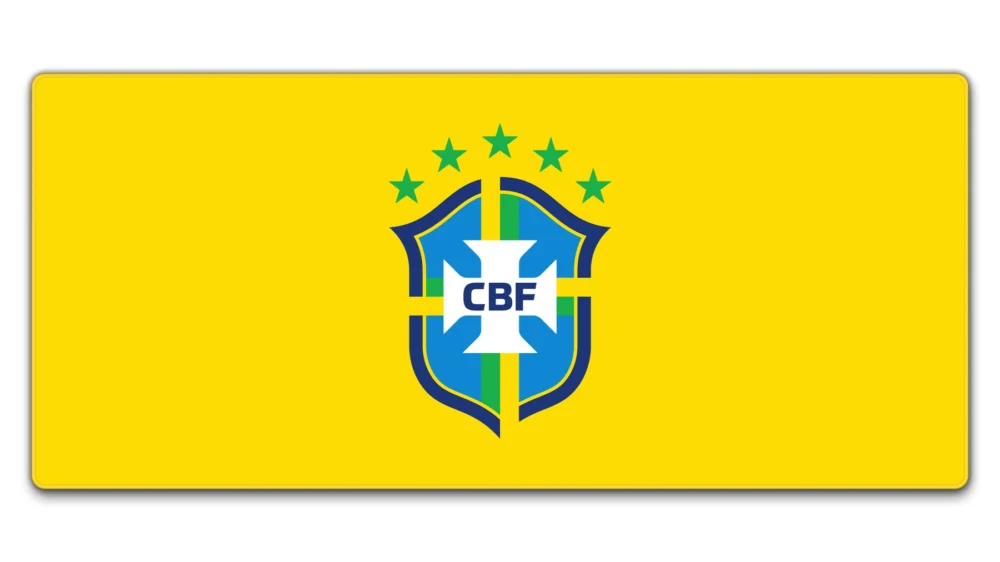 Brazil Football Team Desk Mat in 900×400 mm size with vivid yellow crest artwork for TKL keyboard and mouse setups