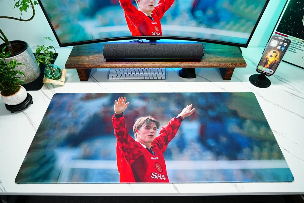 David Beckham football desk mat shown from a direct top angle, clearly displaying the full print layout, desk coverage, and open operating area for keyboard and mouse use