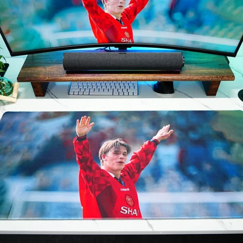 David Beckham football desk mat shown from a direct top angle, clearly displaying the full print layout, desk coverage, and open operating area for keyboard and mouse use