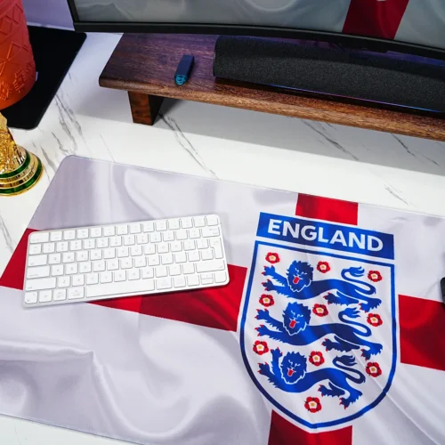 England football desk mat with keyboard and mouse placed on top to show balanced typing space and smooth mouse movement area