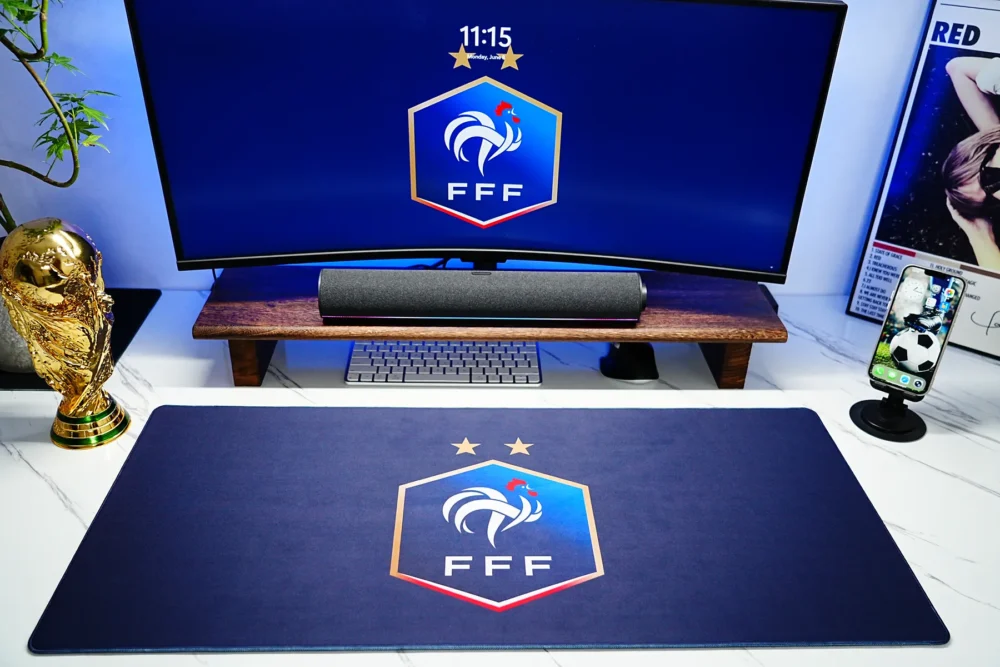 France Football Desk Mat Setup for Fan Desks France football desk mat shown in a full monitor setup, matching the screen crest and giving fans a coordinated desk space
