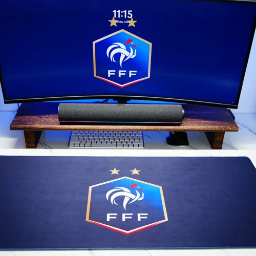 France Football Desk Mat Setup for Fan Desks France football desk mat shown in a full monitor setup, matching the screen crest and giving fans a coordinated desk space
