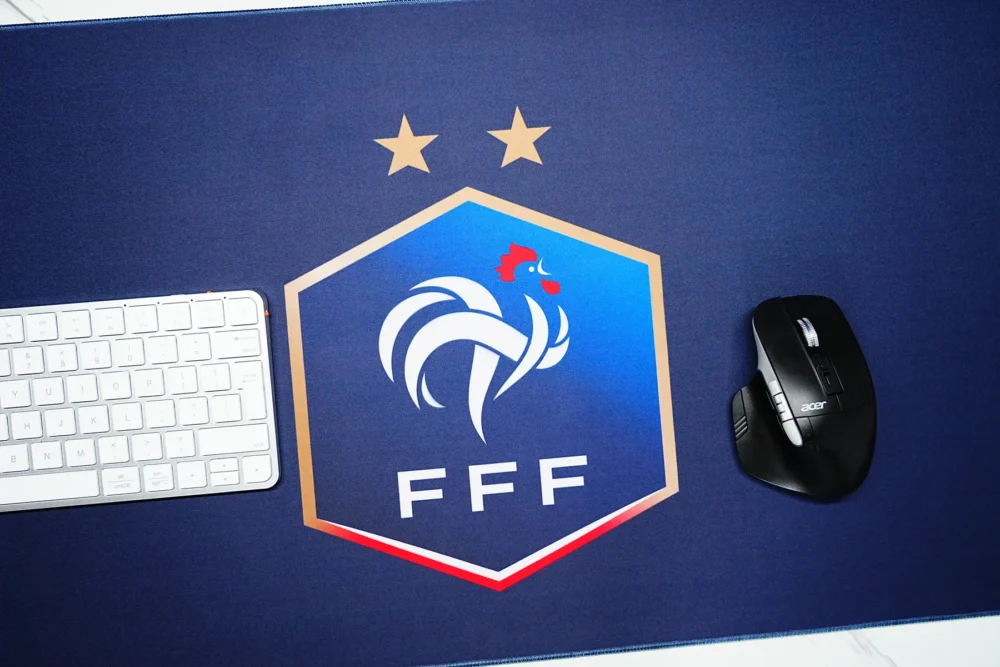 France Desk Mat for Keyboard and Mouse Control France football desk mat with keyboard and mouse on a wide surface, giving users one smooth area for typing and cursor control