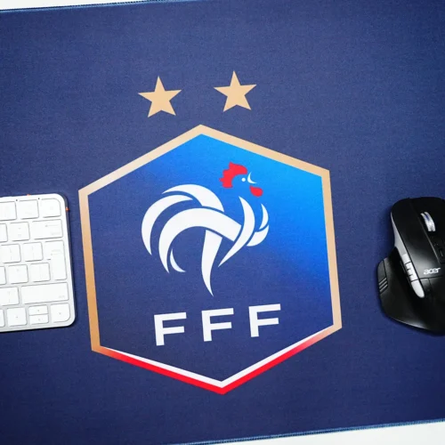 France Desk Mat for Keyboard and Mouse Control France football desk mat with keyboard and mouse on a wide surface, giving users one smooth area for typing and cursor control