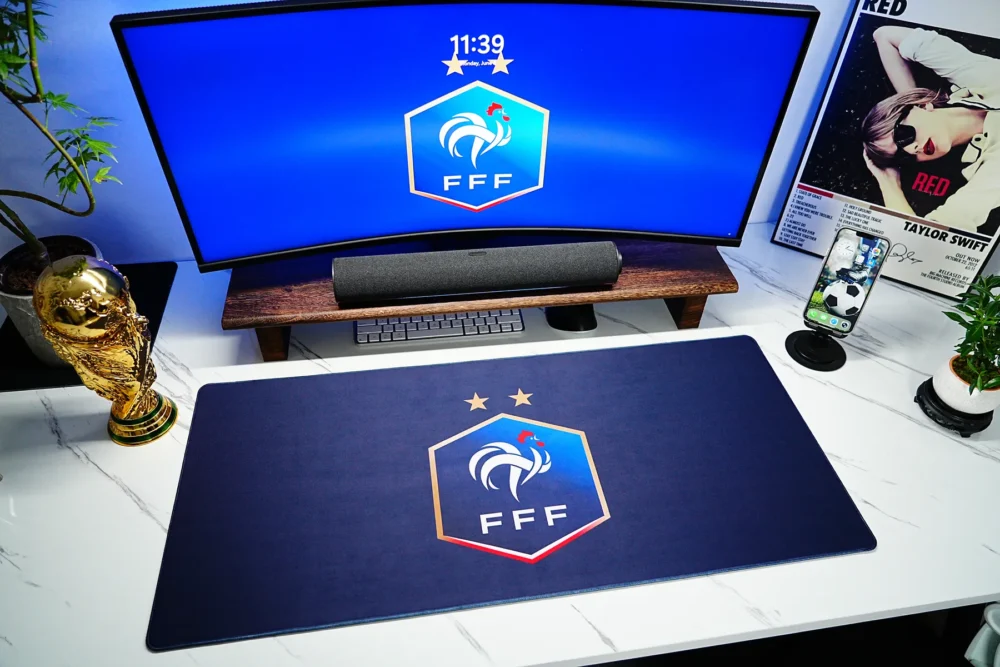 France Football Desk Mat with World Cup Trophy Setup Wide France football desk mat shown with World Cup trophy decor, matching screen crest, and football-themed desk accessories for a fan workspace