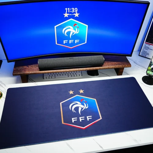 France Football Desk Mat with World Cup Trophy Setup Wide France football desk mat shown with World Cup trophy decor, matching screen crest, and football-themed desk accessories for a fan workspace