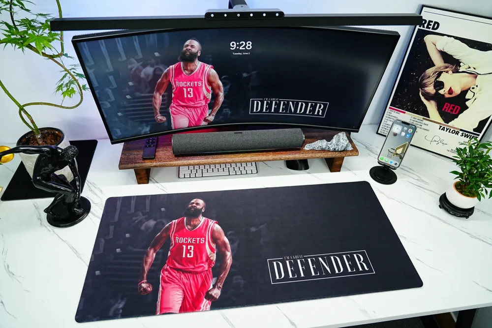 James Harden Rockets Desk Mat Setup for Fans James Harden Rockets Desk Mat shown in a full desk setup with matching screen artwork for a unified basketball fan workspace