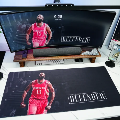 James Harden Rockets Desk Mat Setup for Fans James Harden Rockets Desk Mat shown in a full desk setup with matching screen artwork for a unified basketball fan workspace