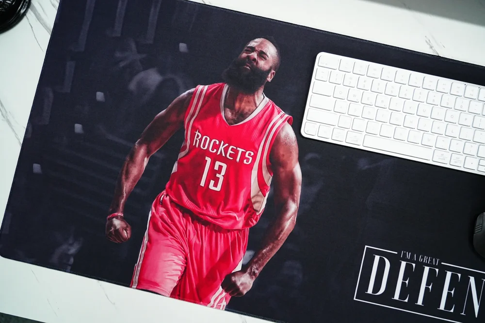 James Harden Rockets Desk Mat Color Detail James Harden Rockets Desk Mat close-up shows vivid red jersey artwork with keyboard and mouse space for daily desk control