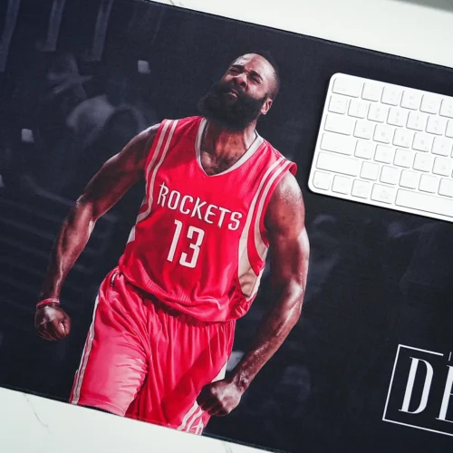James Harden Rockets Desk Mat Color Detail James Harden Rockets Desk Mat close-up shows vivid red jersey artwork with keyboard and mouse space for daily desk control