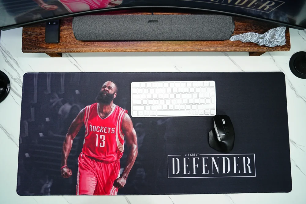 James Harden Large Desk Mat Layout View Large James Harden desk mat top view shows keyboard and mouse placed together with wide movement space for a cleaner desk layout