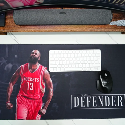 James Harden Large Desk Mat Layout View Large James Harden desk mat top view shows keyboard and mouse placed together with wide movement space for a cleaner desk layout