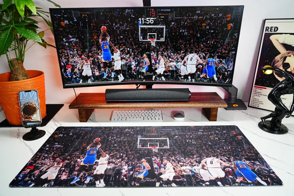 Kevin Durant Warriors Finals Desk Mat shown in a full basketball desk setup with matching monitor wallpaper and desk mat artwork