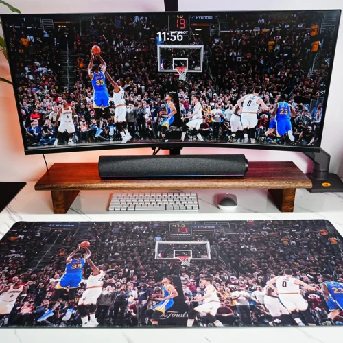 Kevin Durant Warriors Finals Desk Mat shown in a full basketball desk setup with matching monitor wallpaper and desk mat artwork
