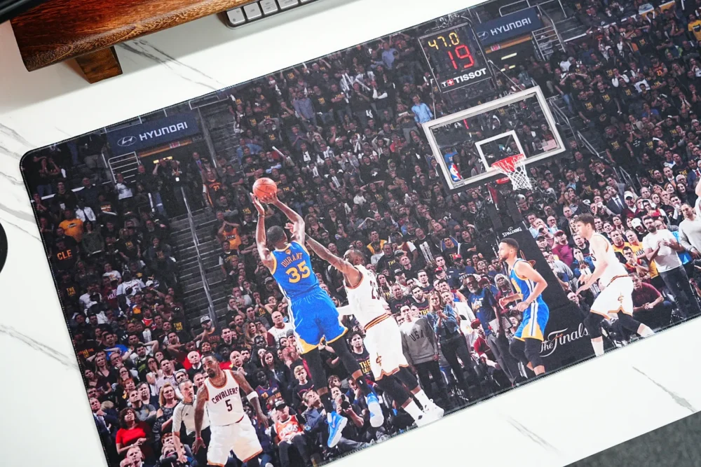 Kevin Durant 2017 NBA Finals Game 3 shot artwork printed clearly on a basketball desk mat with court and crowd details