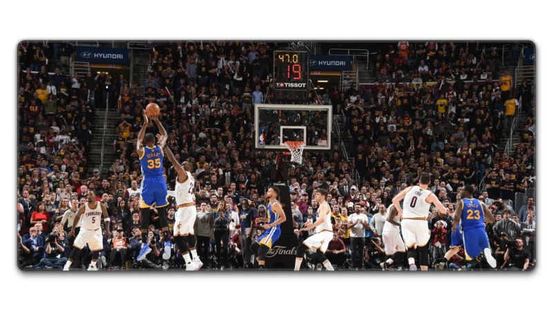 Kevin Durant Warriors Finals Desk Mat 900×400 mm Kevin Durant Warriors Finals Desk Mat in 900×400 mm size with vivid Warriors shooting artwork for TKL keyboard and mouse use