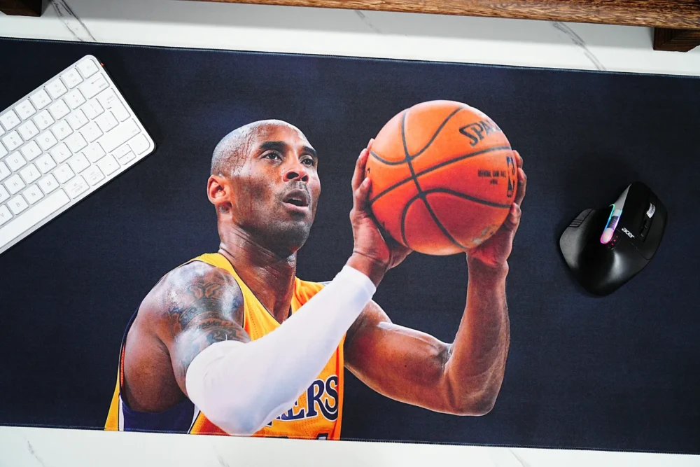 Kobe Bryant mouse pad close-up showing clear print detail with keyboard and mouse space for daily control
