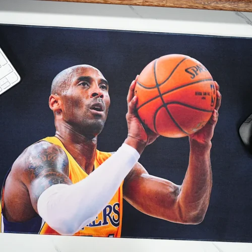 Kobe Bryant mouse pad close-up showing clear print detail with keyboard and mouse space for daily control