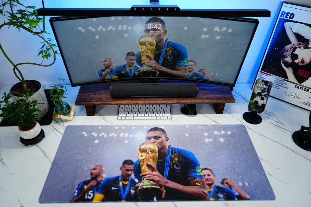 Kylian Mbappe France 2018 World Cup Mouse Pad placed in a full football-themed desk setup with monitor, keyboard, and accessories
