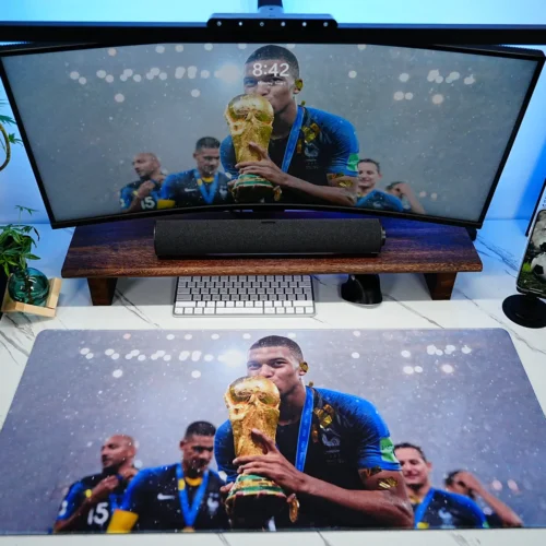 Kylian Mbappe France 2018 World Cup Mouse Pad placed in a full football-themed desk setup with monitor, keyboard, and accessories