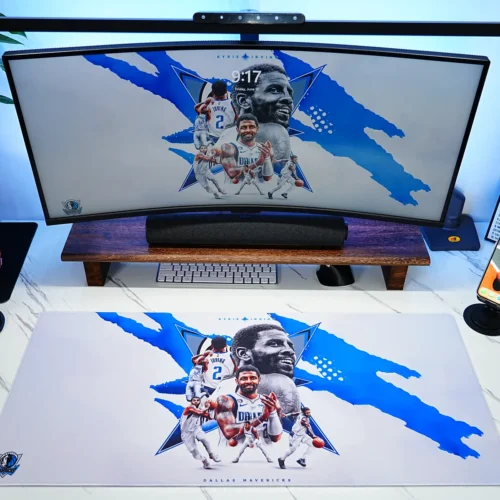 Kyrie Irving Mavericks Desk Setup Mat Kyrie Irving Dallas Mavericks Desk Mat shown with matching monitor wallpaper, giving fans a unified basketball desk setup for work and gaming