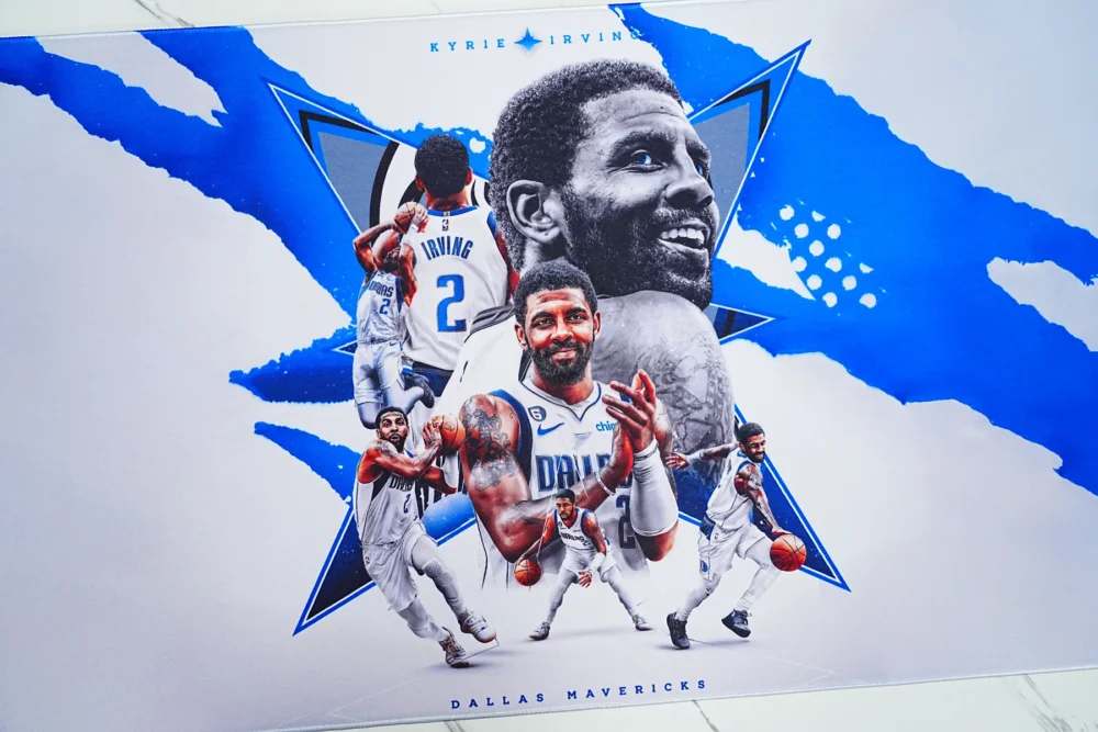 Kyrie Irving Artwork Desk Mat Detail Close-up of Kyrie Irving artwork on a Mavericks desk mat, showing clear player details and blue-white print for basketball fans