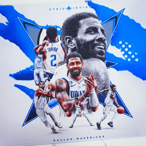 Kyrie Irving Artwork Desk Mat Detail Close-up of Kyrie Irving artwork on a Mavericks desk mat, showing clear player details and blue-white print for basketball fans