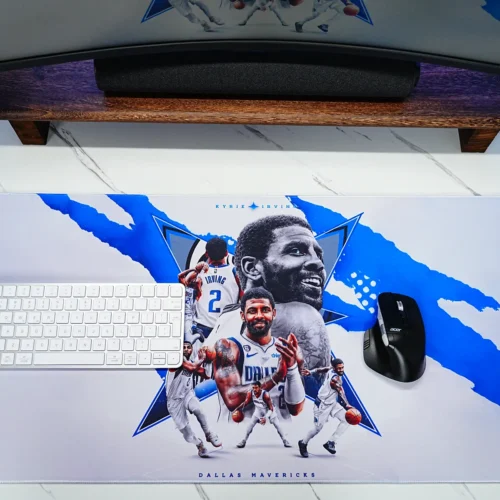 Mavericks Desk Mat for Keyboard and Mouse Mavericks desk mat shown with keyboard and mouse, giving users one wide surface for typing, mouse movement, and basketball artwork